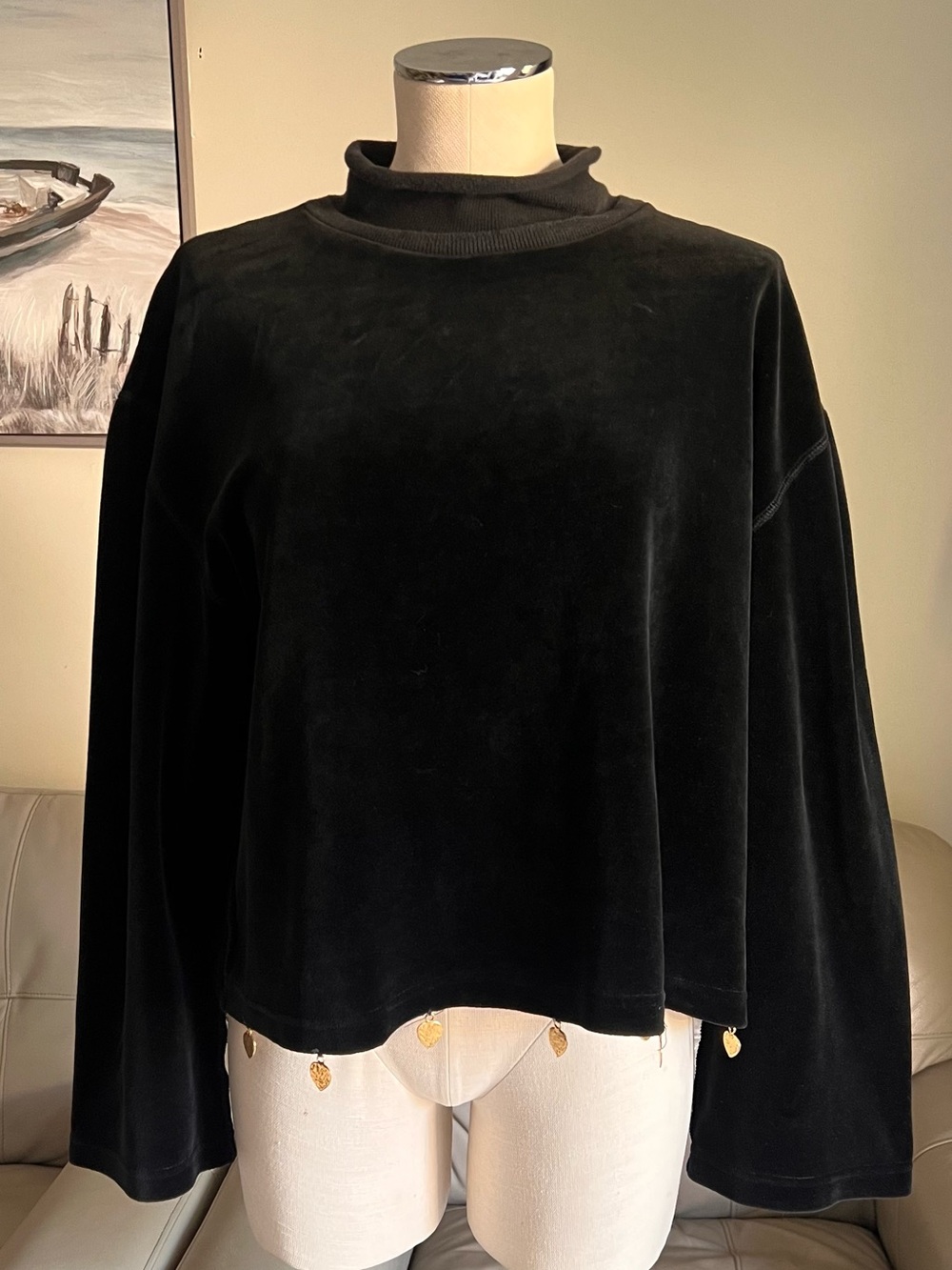 Sonia Rykiel Sweatshirt XL Velvet Funnel Neck Top With Charms Boho Gypsy Black